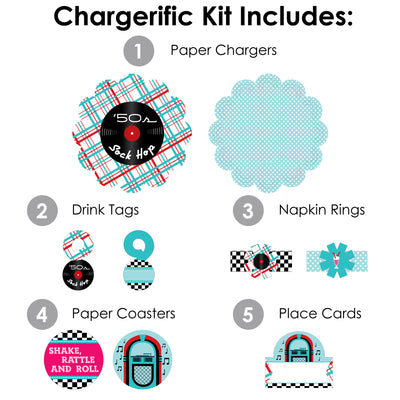 50’s Sock Hop - 1950s Rock N Roll Party Paper Charger and Table Decorations - Chargerific Kit - Place Setting for