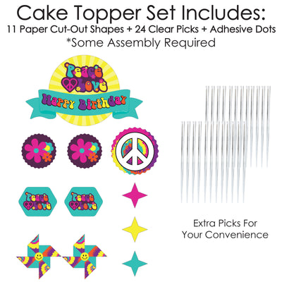 60's Hippie - 1960s Groovy Birthday Party Cake Decorating Kit - Happy Birthday Cake Topper Set - 11 Pieces