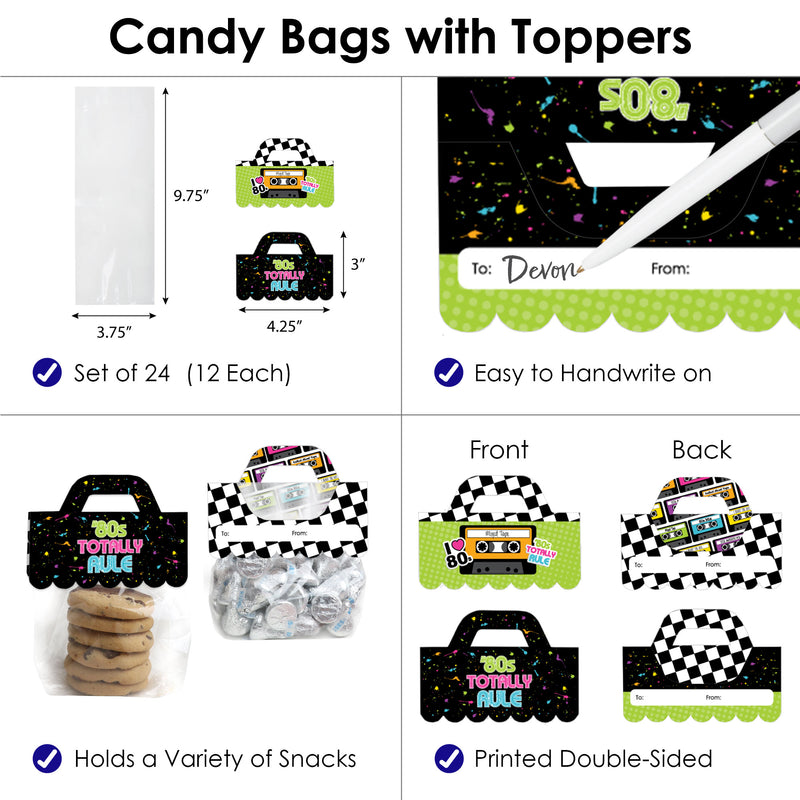 80’s Retro - DIY Totally 1980s Party Clear Goodie Favor Bag Labels - Candy Bags with Toppers - Set of 24
