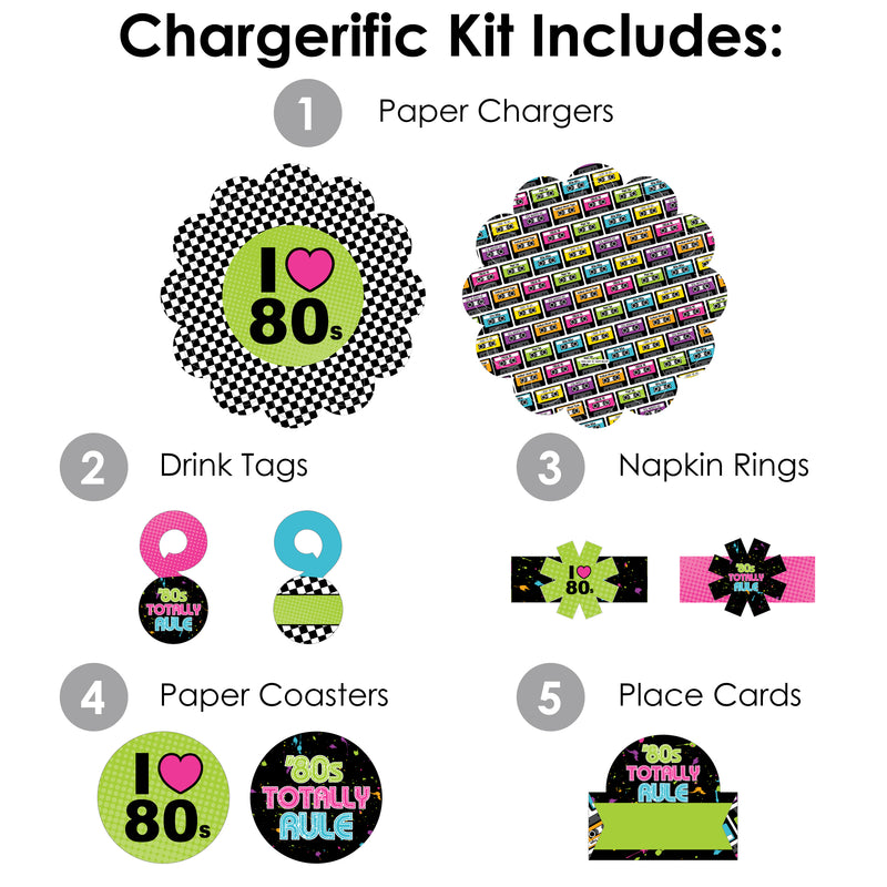 80’s Retro - Totally 1980s Party Paper Charger and Table Decorations - Chargerific Kit - Place Setting for 8