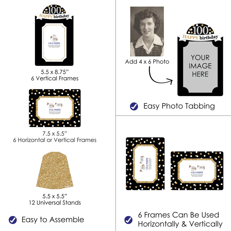 Adult 100th Birthday - Gold - Birthday Party 4x6 Picture Display - Paper Photo Frames - Set of 12