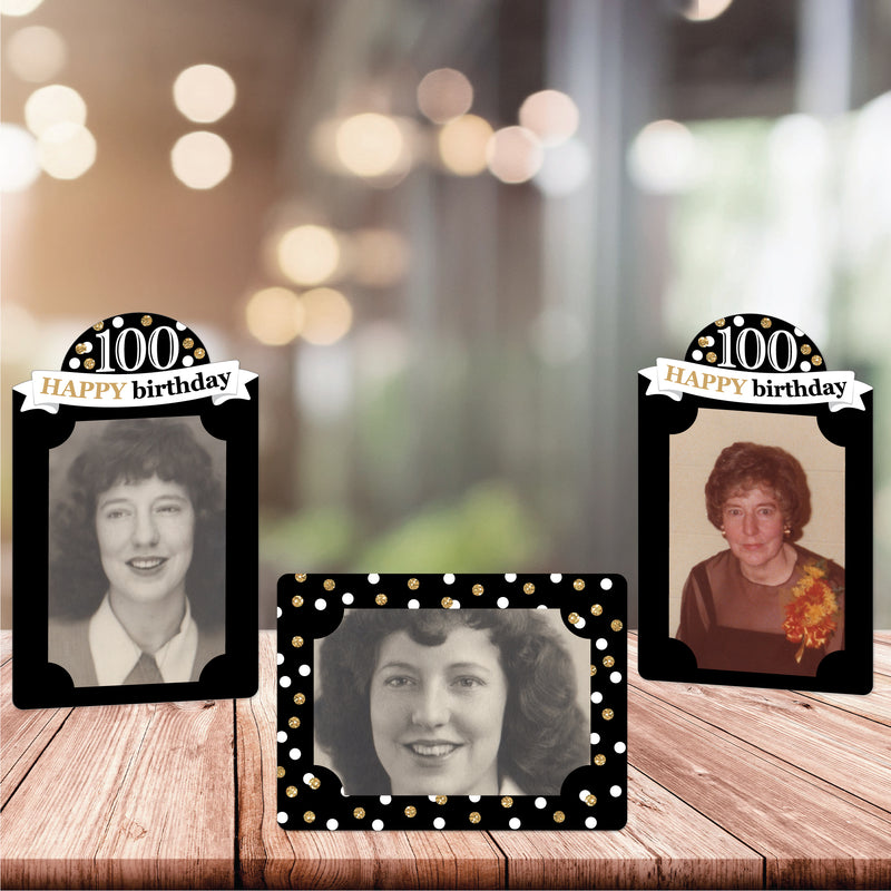 Adult 100th Birthday - Gold - Birthday Party 4x6 Picture Display - Paper Photo Frames - Set of 12