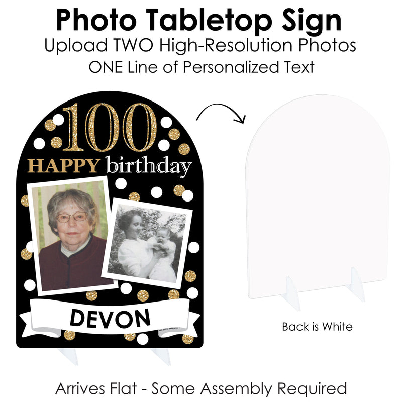 Adult 100th Birthday - Gold - Personalized Birthday Party Picture Display Stand - Photo Tabletop Sign - Upload 2 Photos - 1 Piece