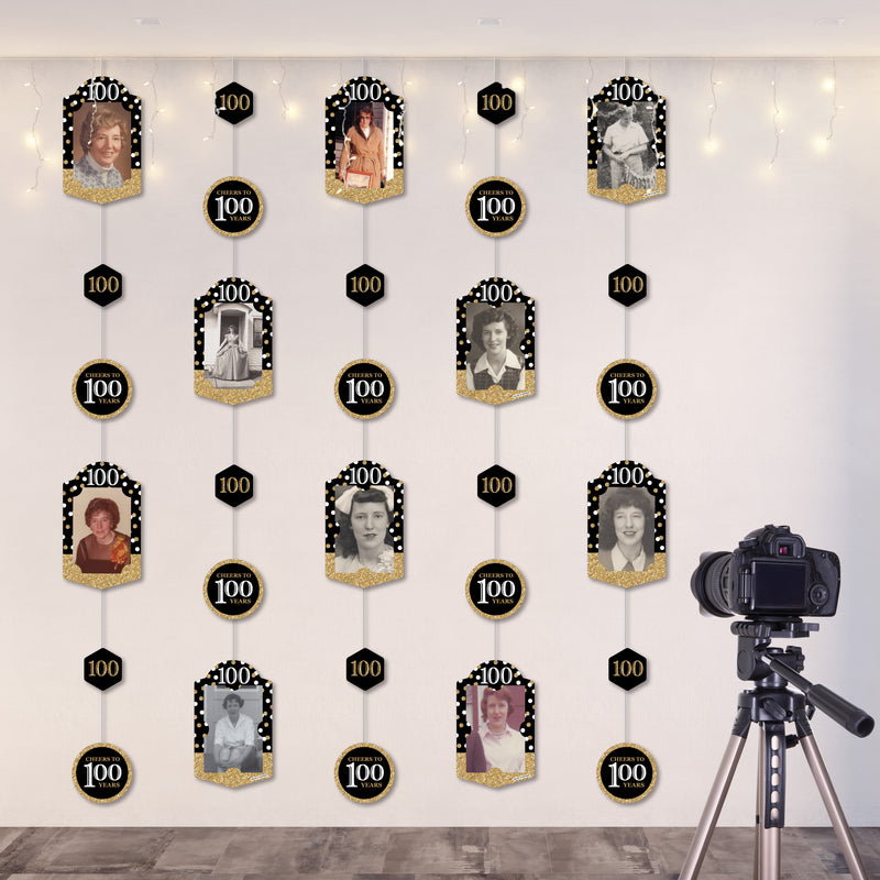 Adult 100th Birthday - Gold - Birthday Party DIY Backdrop Decor - Hanging Vertical Photo Garland - 35 Pieces