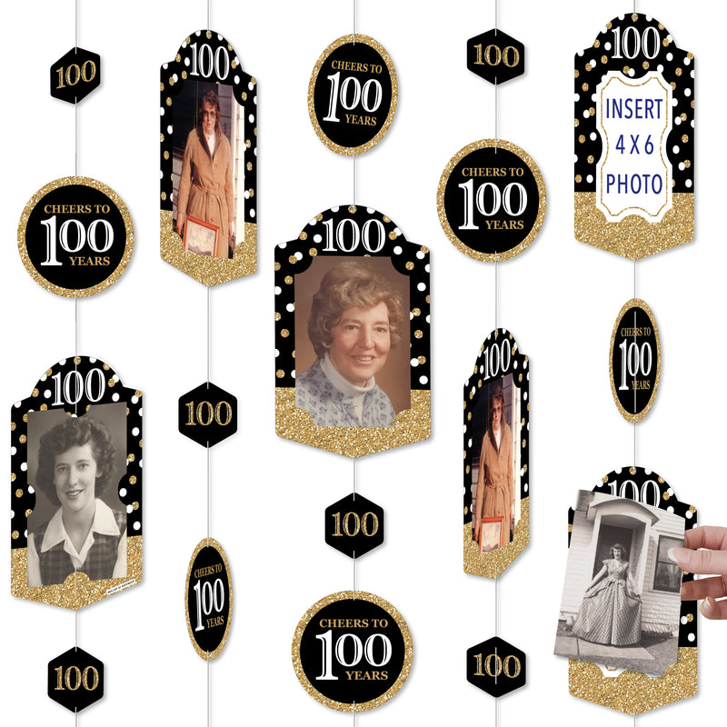 Adult 100th Birthday - Gold - Birthday Party DIY Backdrop Decor - Hanging Vertical Photo Garland - 35 Pieces