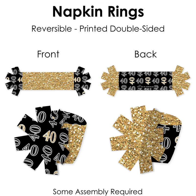 Adult 40th Birthday - Gold - Birthday Party Paper Napkin Holder - Napkin Rings - Set of 24