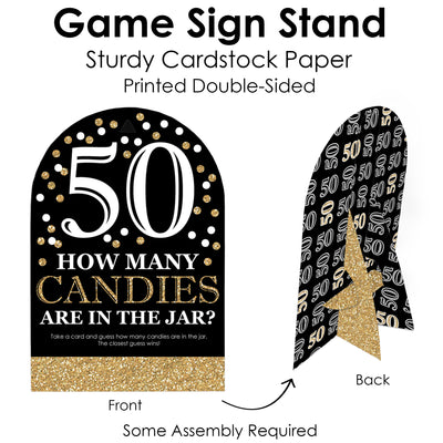 Adult 50th Birthday - Gold - How Many Candies Birthday Party Game - 1 Stand and 40 Cards - Candy Guessing Game