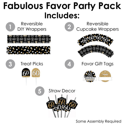 Adult 60th Birthday - Gold - Birthday Party Favors and Cupcake Kit - Fabulous Favor Party Pack - 100 Pieces