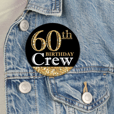 Adult 60th Birthday - Gold - 3 inch Birthday Party Badge - Pinback Buttons - Set of 8