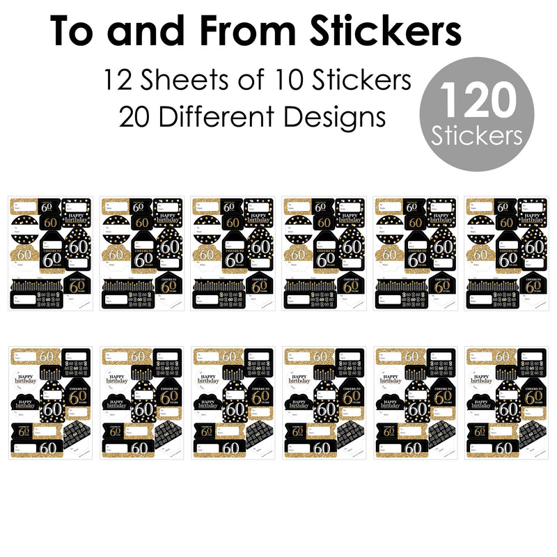 Adult 60th Birthday - Gold - Assorted Birthday Party Gift Tag Labels - To and From Stickers - 12 Sheets - 120 Stickers