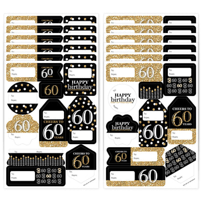 Adult 60th Birthday - Gold - Assorted Birthday Party Gift Tag Labels - To and From Stickers - 12 Sheets - 120 Stickers