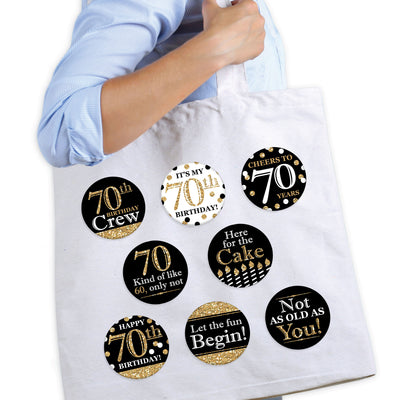 Adult 70th Birthday - Gold - 3 inch Birthday Party Badge - Pinback Buttons - Set of 8