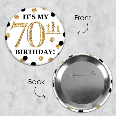 Adult 70th Birthday - Gold - 3 inch Birthday Party Badge - Pinback Buttons - Set of 8