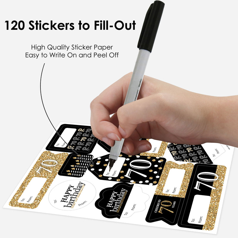 Adult 70th Birthday - Gold - Assorted Birthday Party Gift Tag Labels - To and From Stickers - 12 Sheets - 120 Stickers