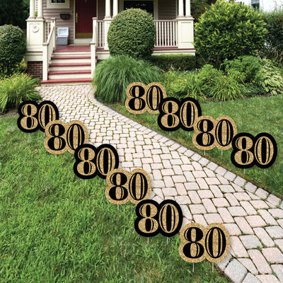 Adult 80th Birthday - Gold Lawn Decorations - Outdoor Birthday Party Yard Decorations - 10 Piece