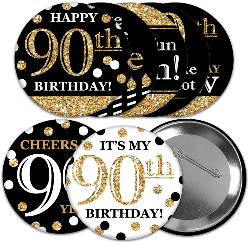 Adult 90th Birthday - Gold - 3 inch Birthday Party Badge - Pinback Buttons - Set of 8