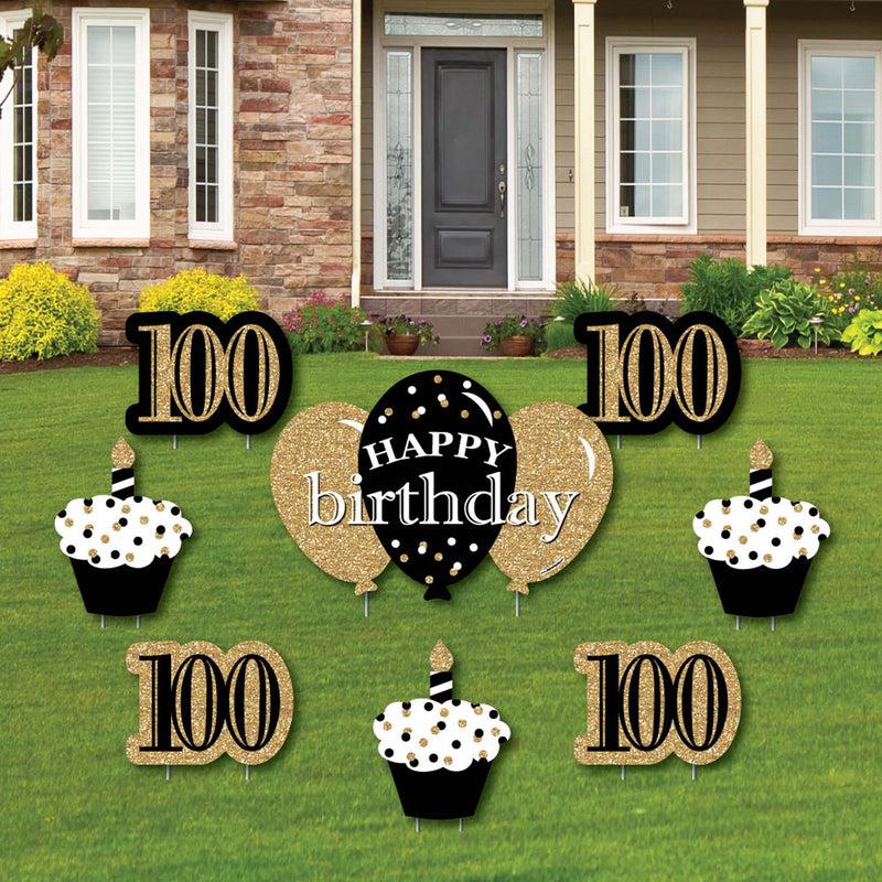 Adult 100th Birthday - Gold - Yard Sign & Outdoor Lawn Decorations - Birthday Party Yard Signs - Set of 8