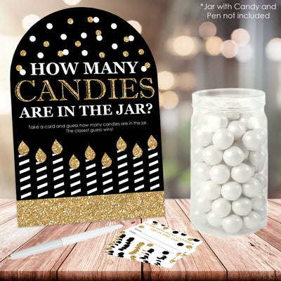 Adult Happy Birthday - Gold - How Many Candies Birthday Party Game - 1 Stand and 40 Cards - Candy Guessing Game
