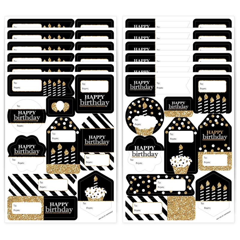 Adult Happy Birthday - Gold - Assorted Birthday Party Gift Tag Labels - To and From Stickers - 12 Sheets - 120 Stickers