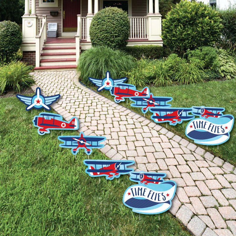 Taking Flight - Airplane - Lawn Decorations - Outdoor Vintage Plane Baby Shower or Birthday Party Yard Decorations - 10 Piece