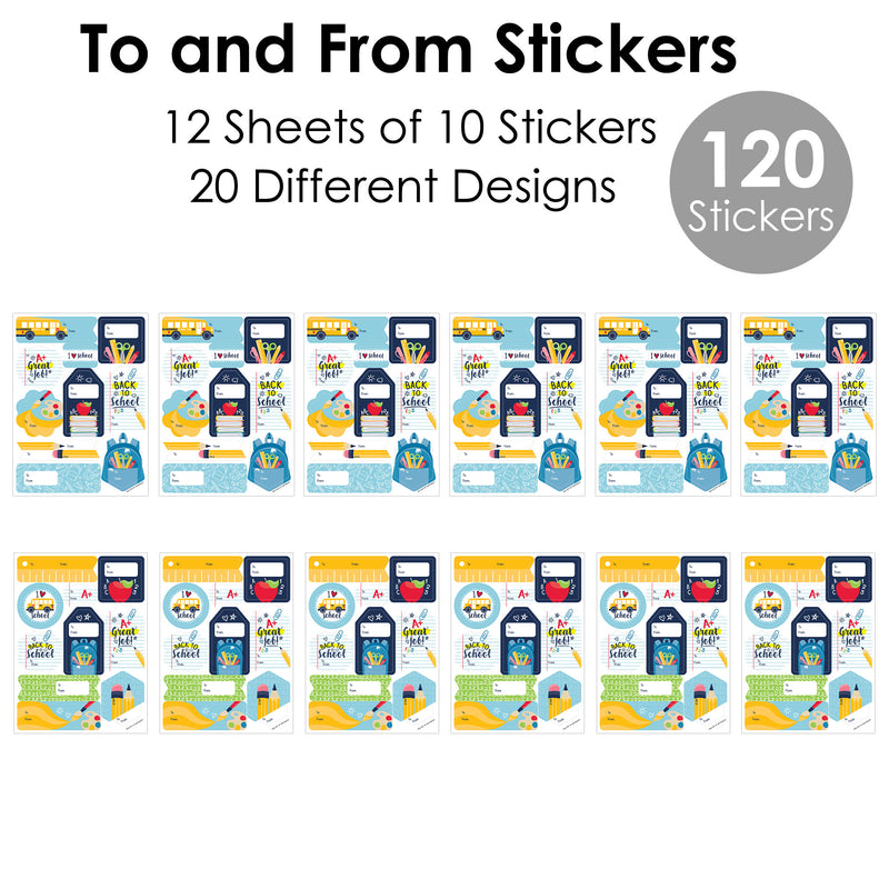 Back to School - Assorted First Day of School Classroom Gift Tag Labels - To and From Stickers - 12 Sheets - 120 Stickers