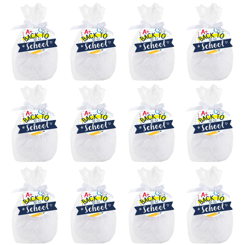Back to School - First Day of School Classroom Clear Goodie Favor Bags - Treat Bags With Tags - Set of 12