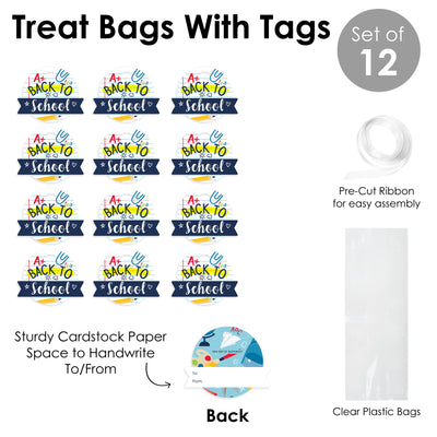 Back to School - First Day of School Classroom Clear Goodie Favor Bags - Treat Bags With Tags - Set of 12