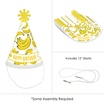 Let's Go Bananas - Cone Happy Birthday Party Hats for Kids and Adults - Set of 8 (Standard Size)