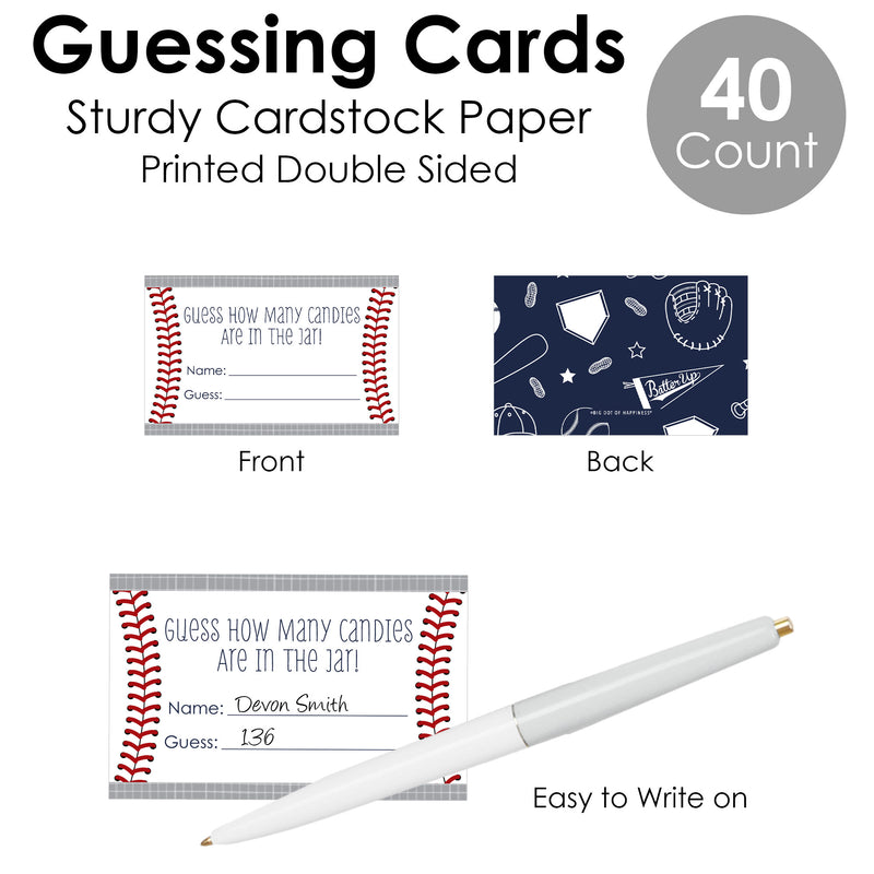 Batter Up - Baseball - How Many Candies Baby Shower or Birthday Party Game - 1 Stand and 40 Cards - Candy Guessing Game