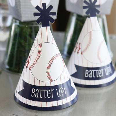 Batter Up - Baseball - Mini Cone Baby Shower or Birthday Party Hats - Small Little Party Hats - Set of 8