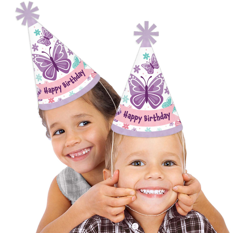 Beautiful Butterfly - Cone Happy Birthday Party Hats for Kids and Adults - Set of 8 (Standard Size)