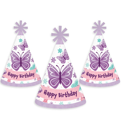 Beautiful Butterfly - Cone Happy Birthday Party Hats for Kids and Adults - Set of 8 (Standard Size)
