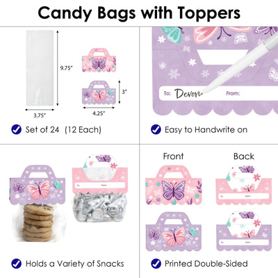 Beautiful Butterfly - DIY Floral Baby Shower or Birthday Party Clear Goodie Favor Bag Labels - Candy Bags with Toppers - Set of 24