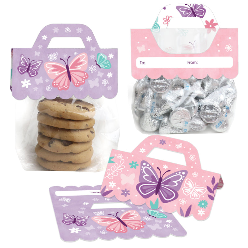 Beautiful Butterfly - DIY Floral Baby Shower or Birthday Party Clear Goodie Favor Bag Labels - Candy Bags with Toppers - Set of 24