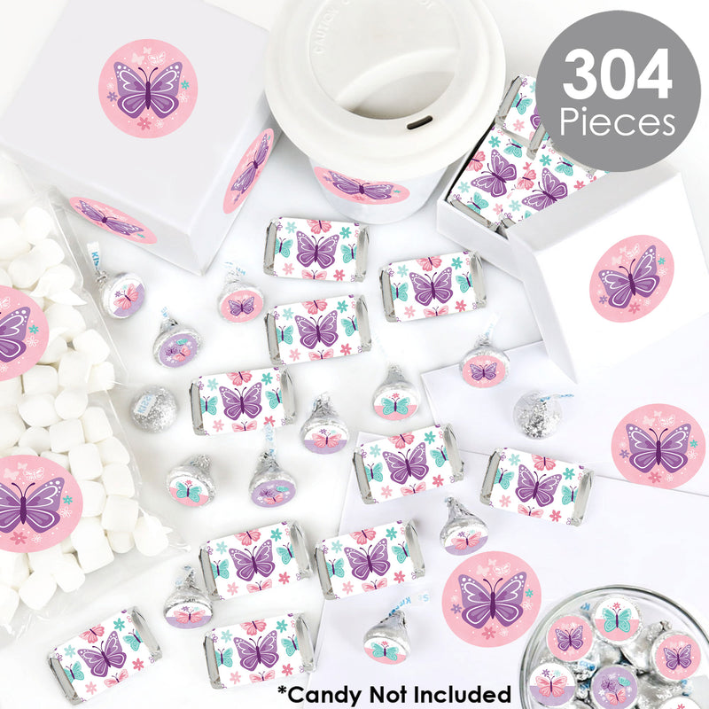 Beautiful Butterfly - Mini Candy Bar Wrappers, Round Candy Stickers and Circle Stickers - Floral Baby Shower or Birthday Party Candy Favor Sticker Kit - 304 Pieces