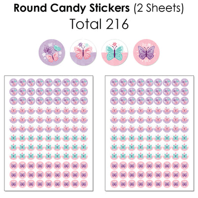 Beautiful Butterfly - Mini Candy Bar Wrappers, Round Candy Stickers and Circle Stickers - Floral Baby Shower or Birthday Party Candy Favor Sticker Kit - 304 Pieces