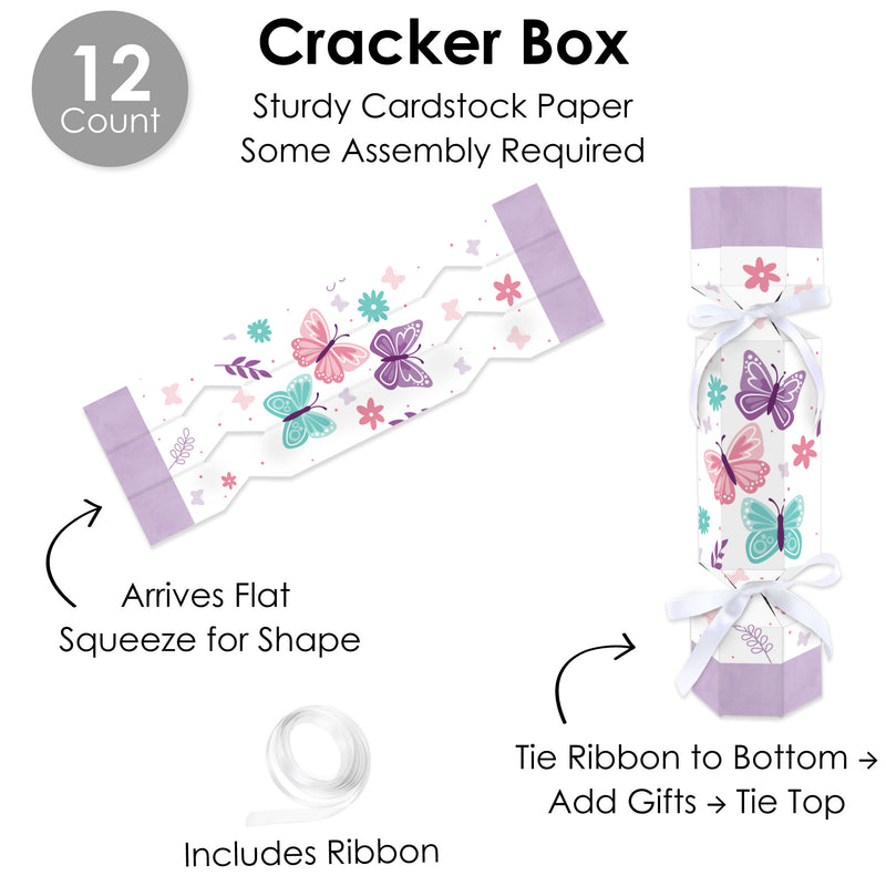 Beautiful Butterfly - No Snap Floral Baby Shower or Birthday Party Table Favors - DIY Cracker Boxes - Set of 12
