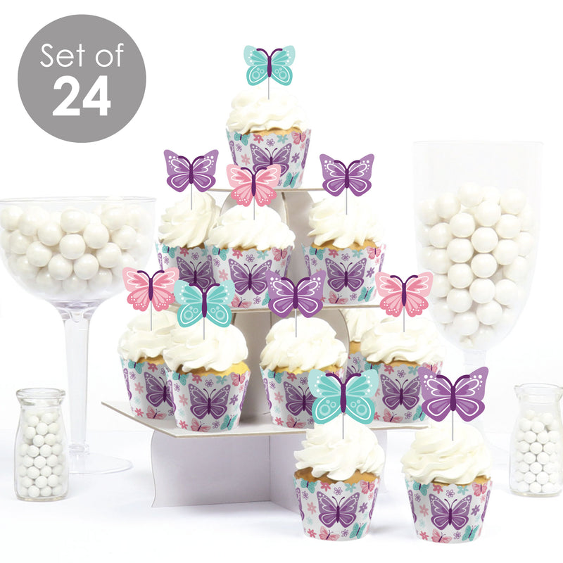 Beautiful Butterfly - Cupcake Decoration - Floral Baby Shower or Birthday Party Cupcake Wrappers and Treat Picks Kit - Set of 24