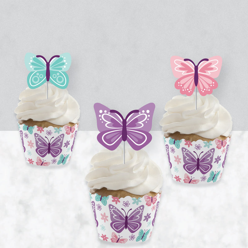 Beautiful Butterfly - Cupcake Decoration - Floral Baby Shower or Birthday Party Cupcake Wrappers and Treat Picks Kit - Set of 24