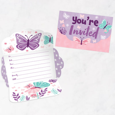 Beautiful Butterfly - Fill-In Cards - Floral Baby Shower or Birthday Party Fold and Send Invitations - Set of 8
