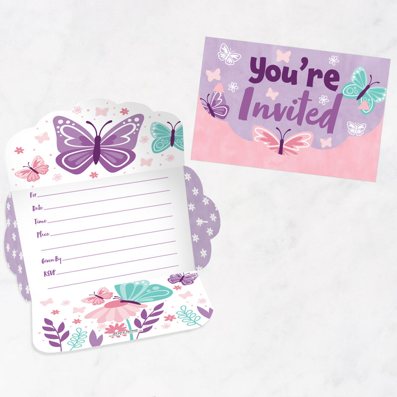 Beautiful Butterfly - Fill-In Cards - Floral Baby Shower or Birthday Party Fold and Send Invitations - Set of 8
