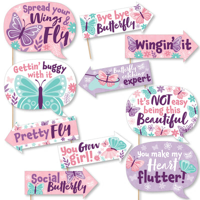 Funny Beautiful Butterfly - Floral Baby Shower or Birthday Party Photo Booth Props Kit - 10 Piece