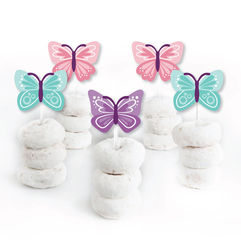 Beautiful Butterfly - Dessert Cupcake Toppers - Floral Baby Shower or Birthday Party Clear Treat Picks - Set of 24