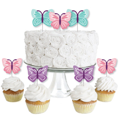 Beautiful Butterfly - Dessert Cupcake Toppers - Floral Baby Shower or Birthday Party Clear Treat Picks - Set of 24
