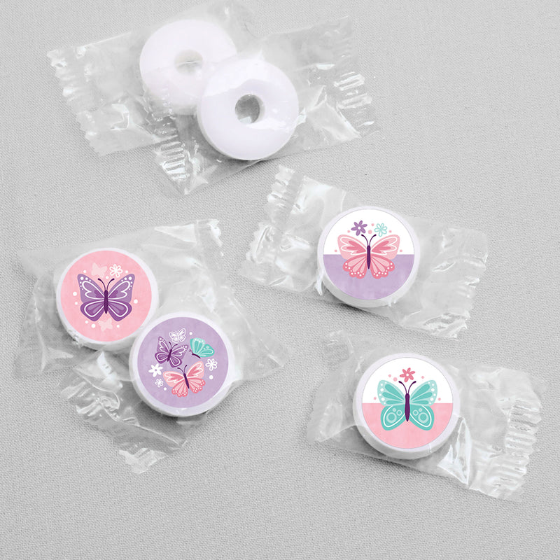 Beautiful Butterfly - Floral Baby Shower or Birthday Party Round Candy Sticker Favors - Labels Fit Chocolate Candy (1 sheet of 108)