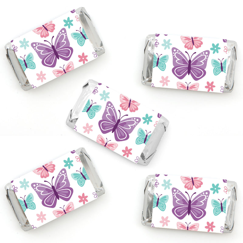 Beautiful Butterfly - Mini Candy Bar Wrapper Stickers - Floral Baby Shower or Birthday Party Small Favors - 40 Count