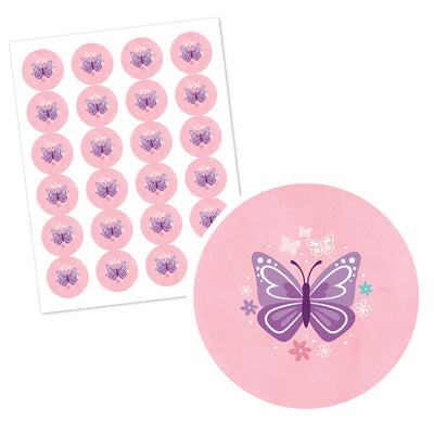 Personalized Beautiful Butterfly - Custom Floral Baby Shower or Birthday Party Favor Circle Sticker Labels - Custom Text - 24 Count