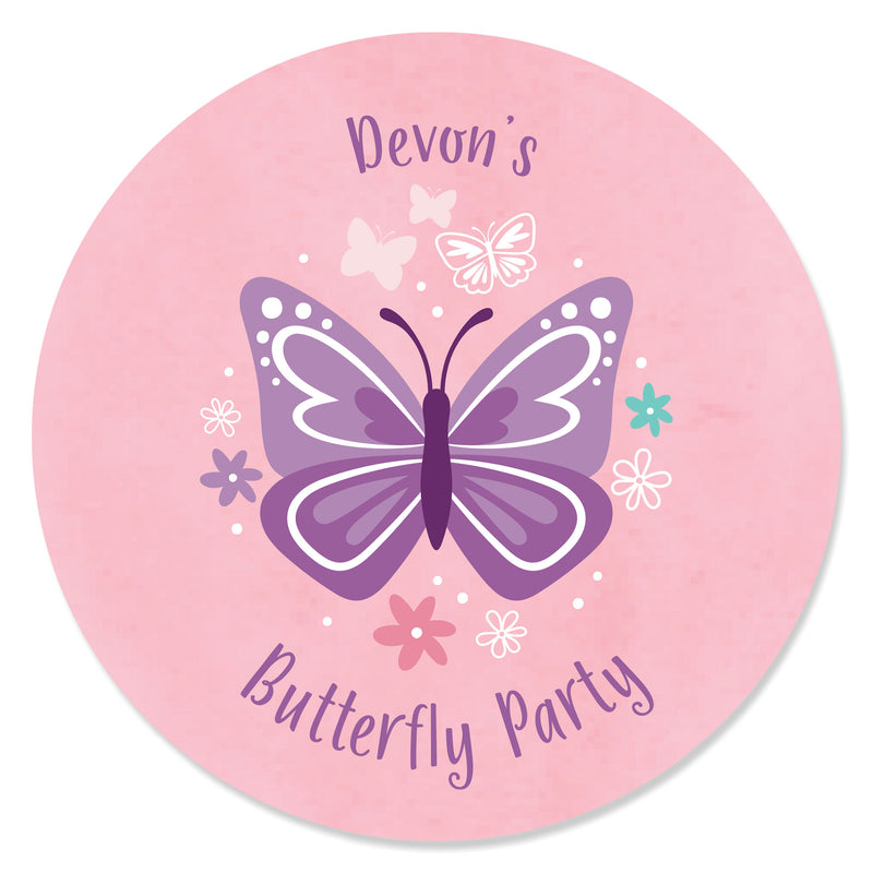 Personalized Beautiful Butterfly - Custom Floral Baby Shower or Birthday Party Favor Circle Sticker Labels - Custom Text - 24 Count