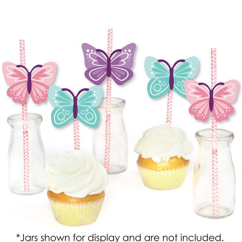 Beautiful Butterfly - Paper Straw Decor - Floral Baby Shower or Birthday Party Striped Decorative Straws - Set of 24