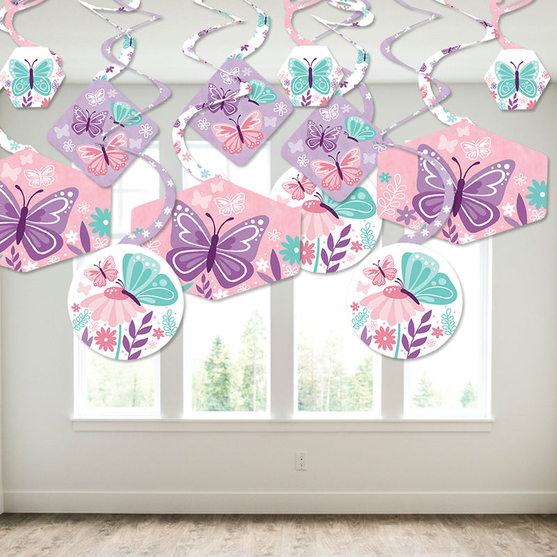 Beautiful Butterfly - Floral Baby Shower or Birthday Party Hanging Decor - Party Decoration Swirls - Set of 40